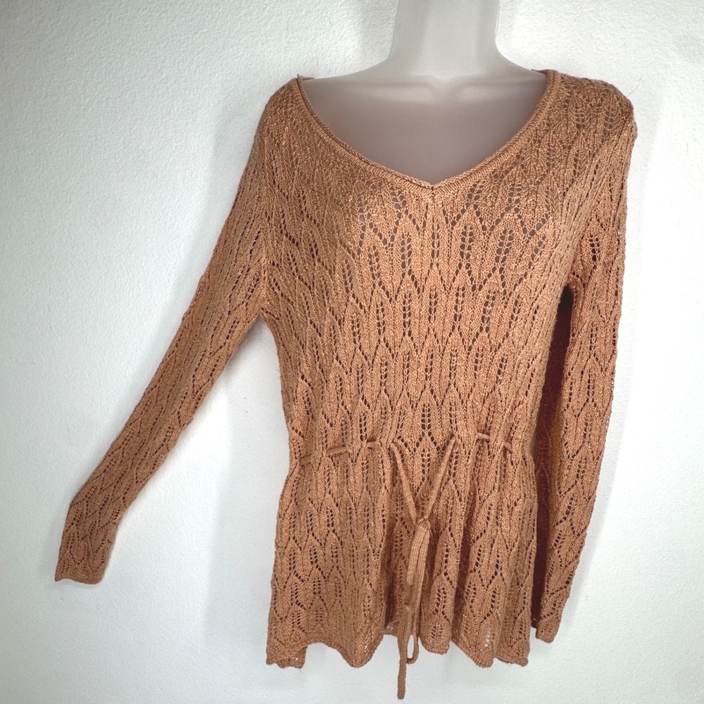 Pointelle Knit Drawstring Waist V Neck Tunic Sweater Terracotta Orange Small Y2K